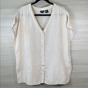 Jones & Co Linen V-Neck Button-Down Short Sleeve Tan Top Size XL